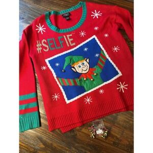 Elf Selfie Ugly Christmas Sweater Red‎ Green Novelty Holiday Party Women's Large
